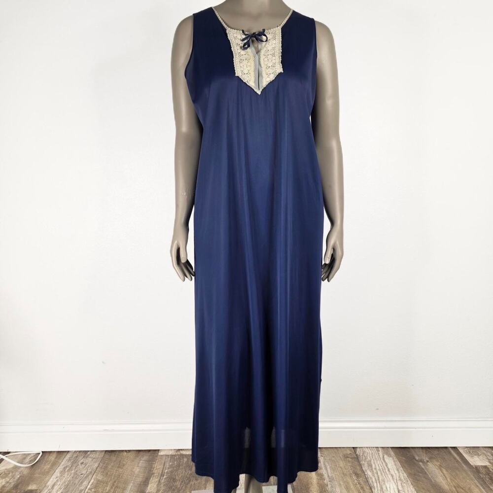 Vintage Lace Nightgown Maxi Maikmade Navy Romantic Cottagecore Nylon Sleeveless - Picture 2 of 10